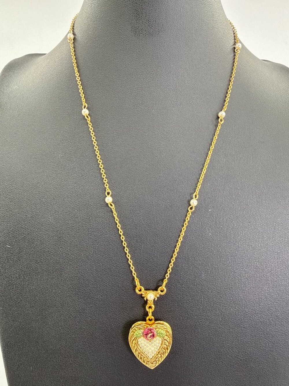 Vtg 1928 Jewelry Gold Pearl Heart Locket Necklace Enamel Rose Coquette Romantic